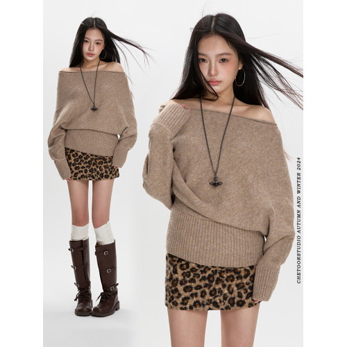 一字肩毛衣女秋冬2025新款寬松慵懶風蝙蝠袖上衣一字領內搭針織衫