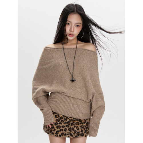 一字肩毛衣女秋冬2025新款寬松慵懶風蝙蝠袖上衣一字領內搭針織衫