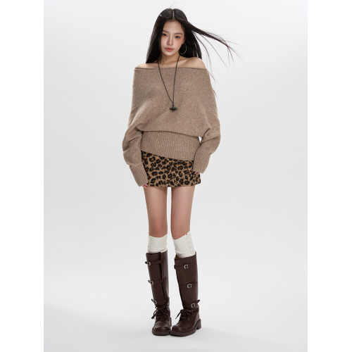 一字肩毛衣女秋冬2025新款寬松慵懶風蝙蝠袖上衣一字領內搭針織衫