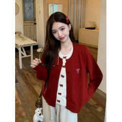 韓系蝴蝶結紅色假兩件開衫毛衣女秋冬2025新款松弛感慵懶風針織衫