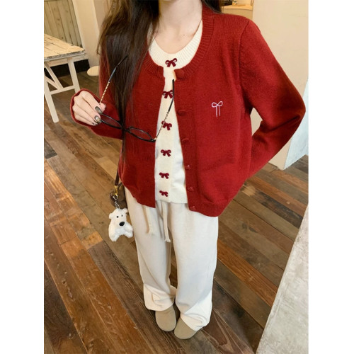 韓系蝴蝶結紅色假兩件開衫毛衣女秋冬2025新款松弛感慵懶風針織衫