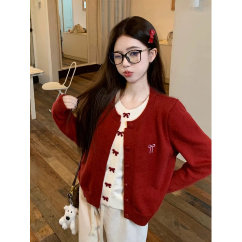 韓系蝴蝶結紅色假兩件開衫毛衣女秋冬2025新款松弛感慵懶風針織衫