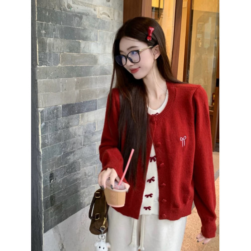 韓系蝴蝶結紅色假兩件開衫毛衣女秋冬2025新款松弛感慵懶風針織衫