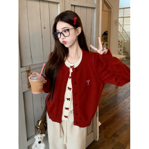 韓系蝴蝶結紅色假兩件開衫毛衣女秋冬2025新款松弛感慵懶風針織衫