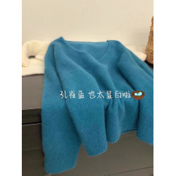 軟糯浣熊絨藍色V領套頭毛衣女秋冬慵懶風寬松顯瘦針織衫內搭上衣