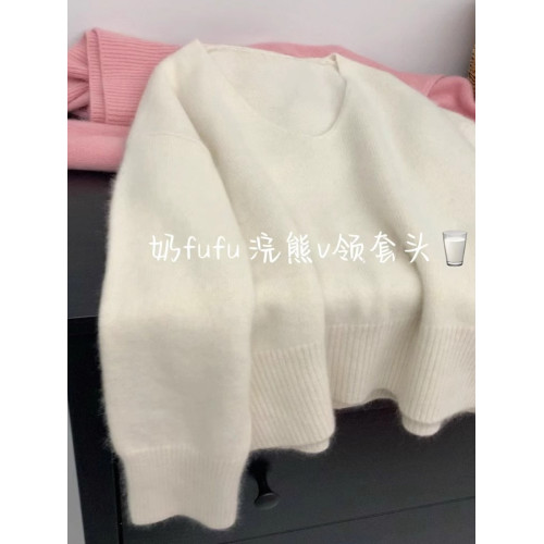 軟糯浣熊絨藍色V領套頭毛衣女秋冬慵懶風寬松顯瘦針織衫內搭上衣