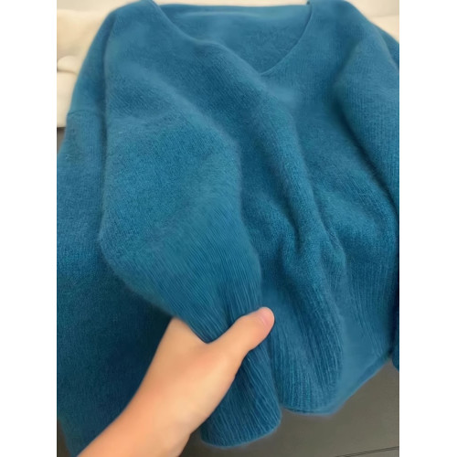 軟糯浣熊絨藍色V領套頭毛衣女秋冬慵懶風寬松顯瘦針織衫內搭上衣