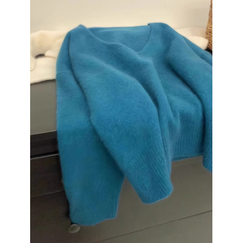 軟糯浣熊絨藍色V領套頭毛衣女秋冬慵懶風寬松顯瘦針織衫內搭上衣