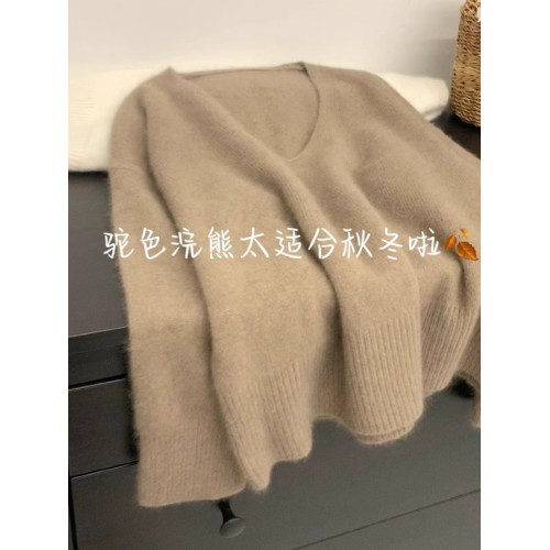 軟糯浣熊絨藍色V領套頭毛衣女秋冬慵懶風寬松顯瘦針織衫內搭上衣