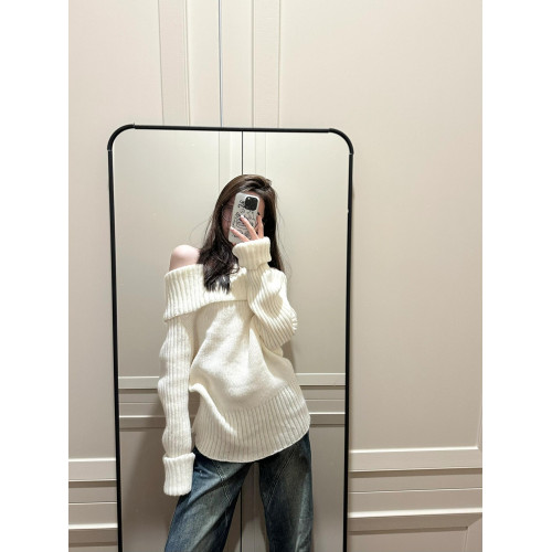 慵懶風白色一字肩毛衣女秋冬季2025新款內搭露肩針織韓系寬松上衣