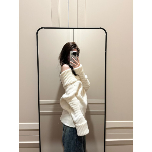 慵懶風白色一字肩毛衣女秋冬季2025新款內搭露肩針織韓系寬松上衣