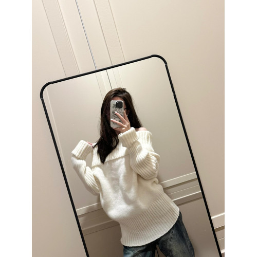 慵懶風白色一字肩毛衣女秋冬季2025新款內搭露肩針織韓系寬松上衣