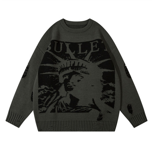 邱細狗QXIGOU圓領毛衣男秋冬美式潮牌自由女神提花寬松百搭針織衫 邱細狗QXIGOU圓領毛衣男秋冬美式潮牌自由女神提花寬松百搭針織衫