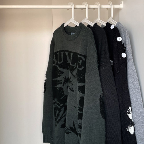 邱細狗QXIGOU圓領毛衣男秋冬美式潮牌自由女神提花寬松百搭針織衫 邱細狗QXIGOU圓領毛衣男秋冬美式潮牌自由女神提花寬松百搭針織衫