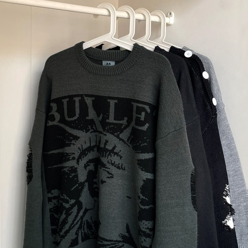 邱細狗QXIGOU圓領毛衣男秋冬美式潮牌自由女神提花寬松百搭針織衫 邱細狗QXIGOU圓領毛衣男秋冬美式潮牌自由女神提花寬松百搭針織衫