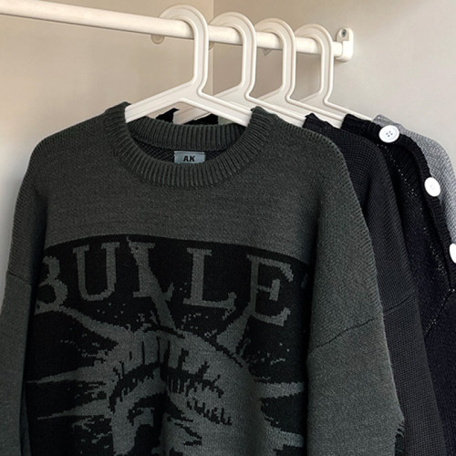 邱細狗QXIGOU圓領毛衣男秋冬美式潮牌自由女神提花寬松百搭針織衫 邱細狗QXIGOU圓領毛衣男秋冬美式潮牌自由女神提花寬松百搭針織衫