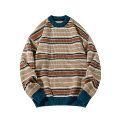 悟空有貨復古日系條紋高級感圓領毛衣男女秋冬情侶寬松休閒針織衫