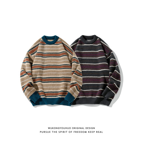 悟空有貨復古日系條紋高級感圓領毛衣男女秋冬情侶寬松休閒針織衫
