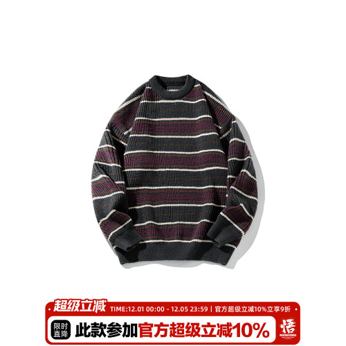 悟空有貨復古日系條紋高級感圓領毛衣男女秋冬情侶寬松休閒針織衫