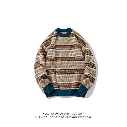 悟空有貨復古日系條紋高級感圓領毛衣男女秋冬情侶寬松休閒針織衫