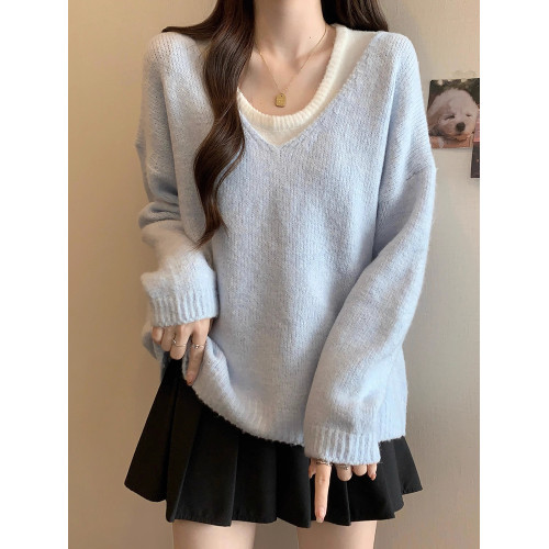 奶呼呼淺藍色V領針織衫軟糯毛衣女2025早秋裝大碼胖mm中長款上衣