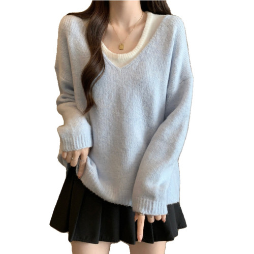 奶呼呼淺藍色V領針織衫軟糯毛衣女2025早秋裝大碼胖mm中長款上衣