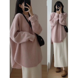 拉夏貝爾浣熊絨毛衣女外穿秋冬加厚日系慵懶上衣中長款開叉針織衫