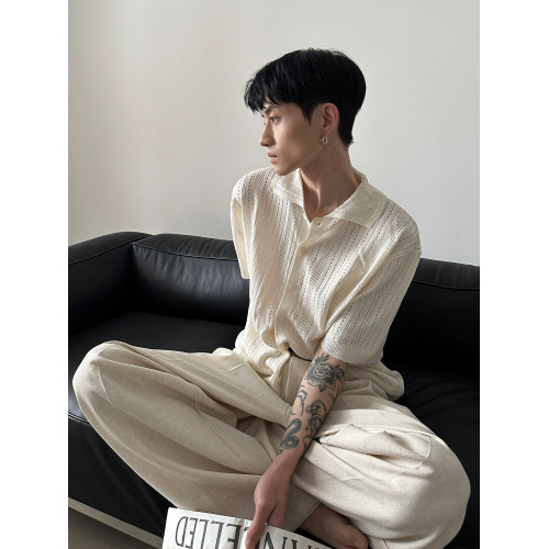 美式復古鏤空方領短袖針織衫夏季時髦寬松慵懶蕾絲半袖高級男襯衣 美式復古鏤空方領短袖針織衫夏季時髦寬松慵懶蕾絲半袖高級男襯衣