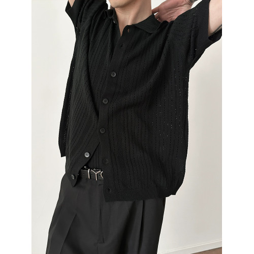 美式復古鏤空方領短袖針織衫夏季時髦寬松慵懶蕾絲半袖高級男襯衣 美式復古鏤空方領短袖針織衫夏季時髦寬松慵懶蕾絲半袖高級男襯衣