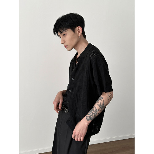 美式復古鏤空方領短袖針織衫夏季時髦寬松慵懶蕾絲半袖高級男襯衣 美式復古鏤空方領短袖針織衫夏季時髦寬松慵懶蕾絲半袖高級男襯衣