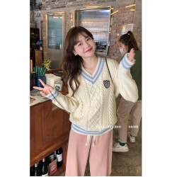 英倫學院風毛衣韓系溫柔小個子女V領2024秋冬新款針織上衣慵懶風