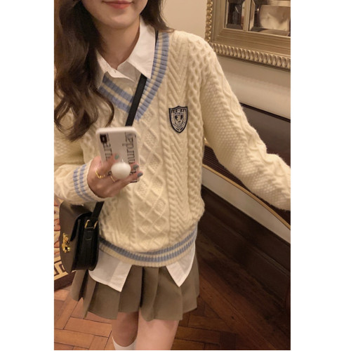 英倫學院風毛衣韓系溫柔小個子女V領2024秋冬新款針織上衣慵懶風