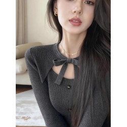 南油大牌女裝2025秋冬高級感上衣獨特漂亮灰色蝴蝶結領針織衫