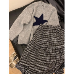 軟糯五角星圓領套頭針織衫女上衣灰色塗鴉寬松秋冬慵懶學院風毛衣