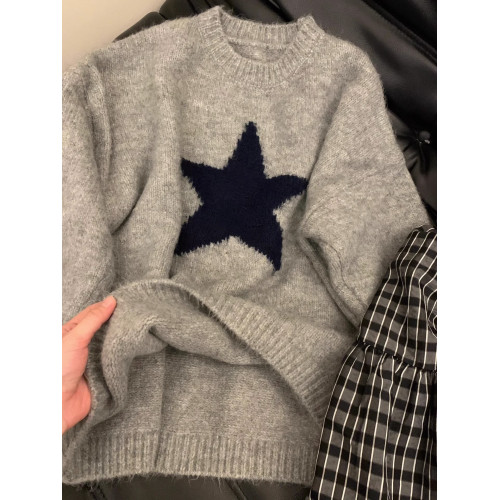 軟糯五角星圓領套頭針織衫女上衣灰色塗鴉寬松秋冬慵懶學院風毛衣