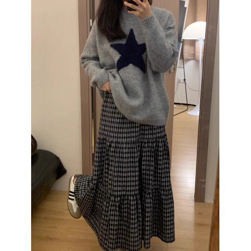 軟糯五角星圓領套頭針織衫女上衣灰色塗鴉寬松秋冬慵懶學院風毛衣