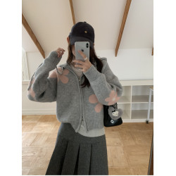 PPHOME加厚灰色花朵提花連帽針織開衫毛衣女秋季韓系寬松軟糯外套