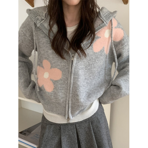 PPHOME加厚灰色花朵提花連帽針織開衫毛衣女秋季韓系寬松軟糯外套 PPHOME加厚灰色花朵提花連帽針織開衫毛衣女秋季韓系寬松軟糯外套