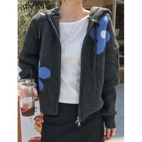 PPHOME加厚灰色花朵提花連帽針織開衫毛衣女秋季韓系寬松軟糯外套 PPHOME加厚灰色花朵提花連帽針織開衫毛衣女秋季韓系寬松軟糯外套