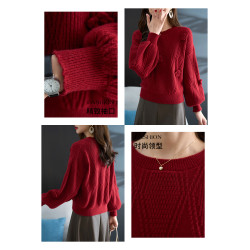 圓領針織衫上衣女秋冬胖mm寬松遮肚子燈籠袖超好看粉色毛衣打底衫