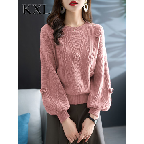 圓領針織衫上衣女秋冬胖mm寬松遮肚子燈籠袖超好看粉色毛衣打底衫 圓領針織衫上衣女秋冬胖mm寬松遮肚子燈籠袖超好看粉色毛衣打底衫