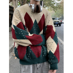 復古菱格聖誕毛衣男女款冬季高級感情侶聖誕穿搭鹿毛絨圓領針織衫