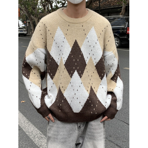 復古菱格聖誕毛衣男女款冬季高級感情侶聖誕穿搭鹿毛絨圓領針織衫