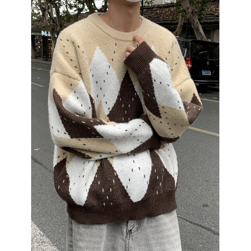 復古菱格聖誕毛衣男女款冬季高級感情侶聖誕穿搭鹿毛絨圓領針織衫