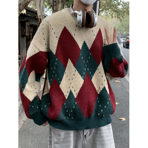 復古菱格聖誕毛衣男女款冬季高級感情侶聖誕穿搭鹿毛絨圓領針織衫
