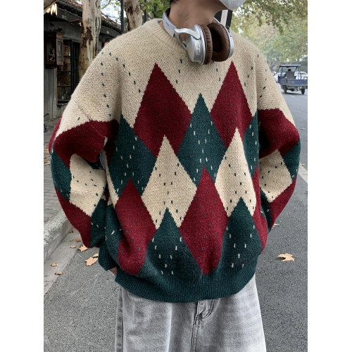 復古菱格聖誕毛衣男女款冬季高級感情侶聖誕穿搭鹿毛絨圓領針織衫
