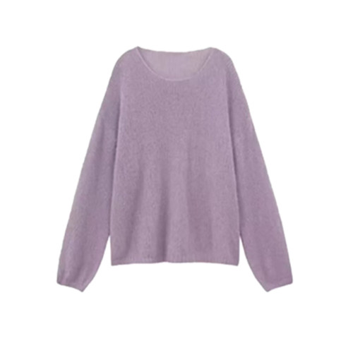 深秋初冬穿搭紫色圓領套頭軟糯毛衣女秋冬季寬松慵懶風針織衫上衣