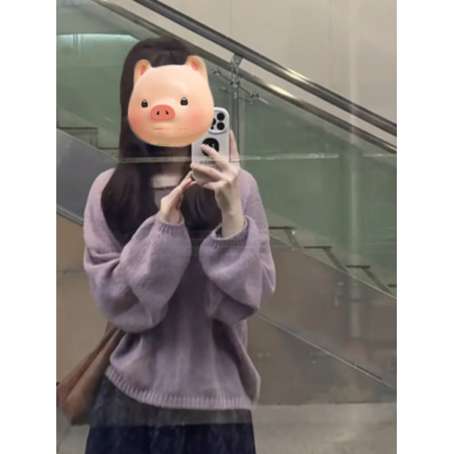 深秋初冬穿搭紫色圓領套頭軟糯毛衣女秋冬季寬松慵懶風針織衫上衣