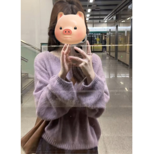 深秋初冬穿搭紫色圓領套頭軟糯毛衣女秋冬季寬松慵懶風針織衫上衣