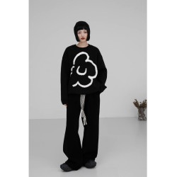 馬海毛軟糯毛衣女秋季2025新款黑色圓領針織衫慵懶風寬松套頭上衣